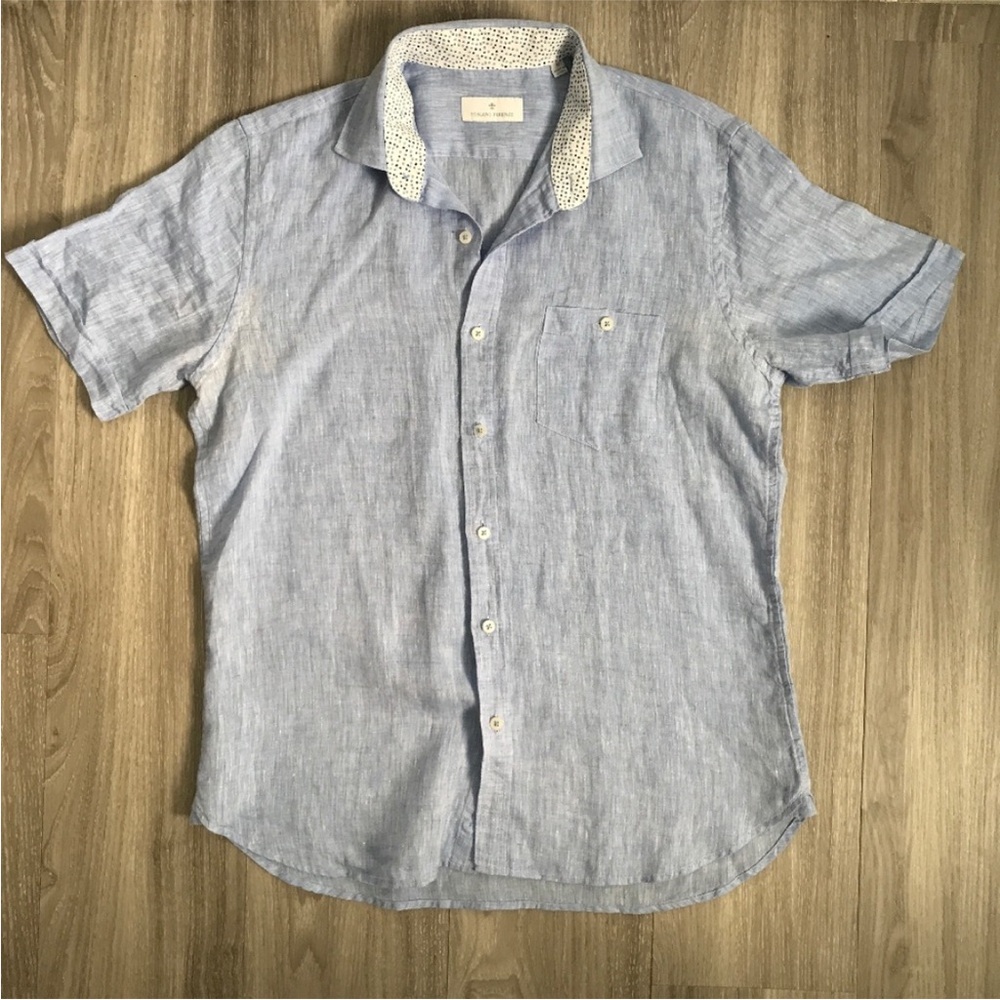 TOSCANO FIRENZE SHIRT 100% LINEN BLUE SHORT SLEEVES MENS MEDIUM